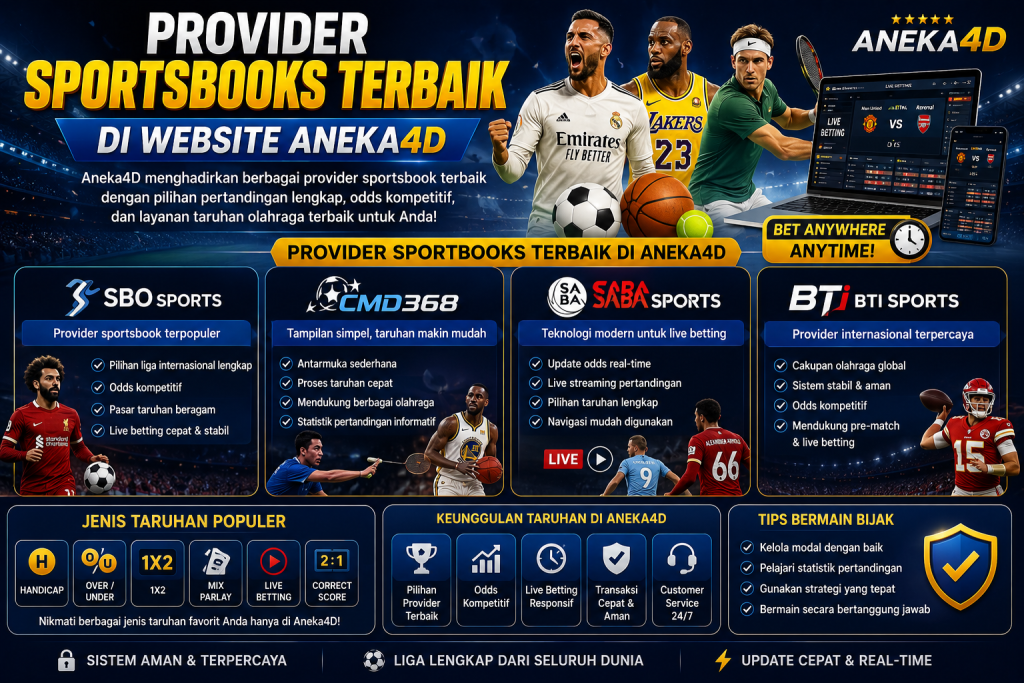 Provider sportsbooks terbaik di website Aneka4D dengan pilihan taruhan olahraga online seperti SBO Sports, SABA Sports, CMD Sports, dan BTI Sports untuk sepak bola, basket, tenis, dan esports.